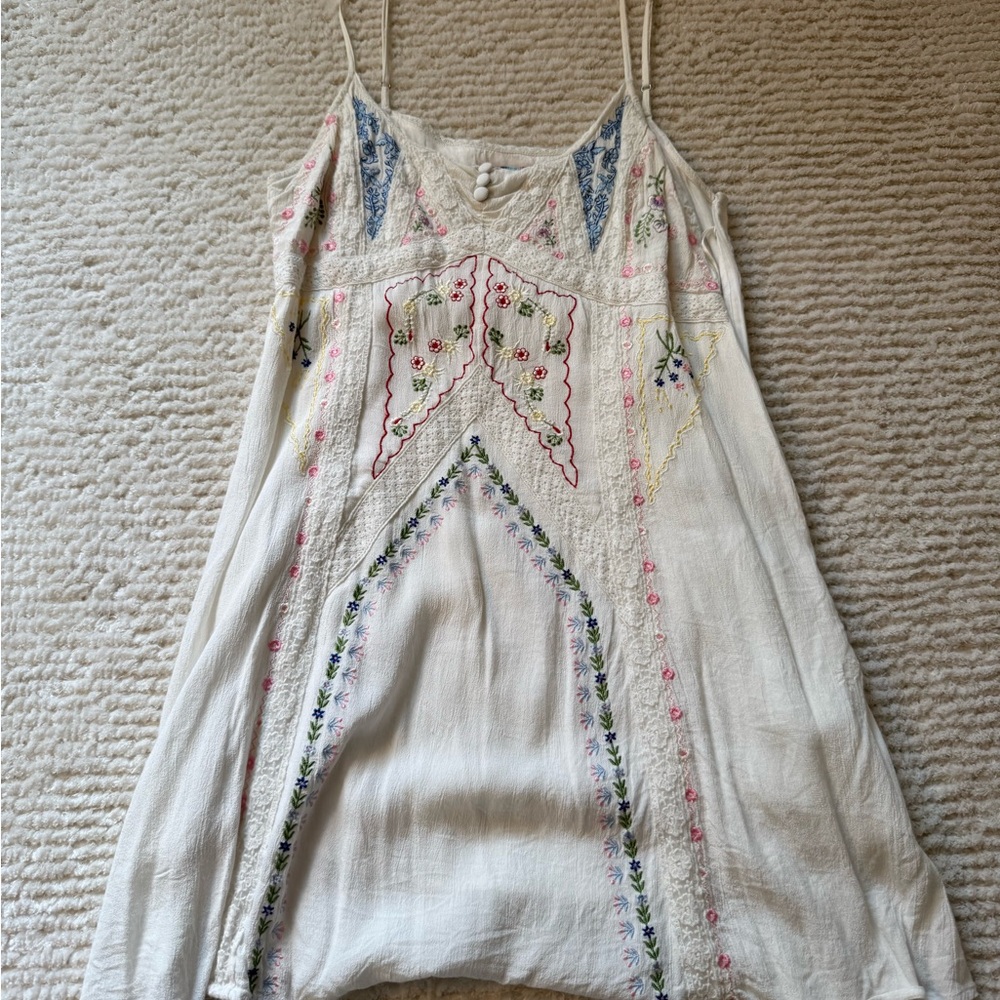 Urban Outfitters White and Blue Embroidered Top